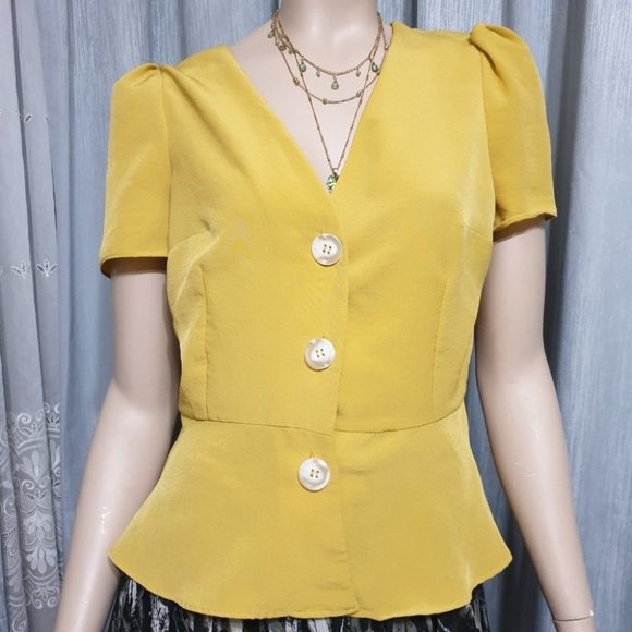 River Island Tops - River Island AU-10 Yellow Mustard Puff Sleeve Blouse Button Top V-Neck